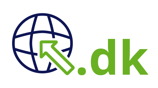 Internet landcode Denemarken .dk - donkerblauwe open wereldbol - groene pijl - groene internetextensie op transparante achtergrond - 600 * 337 pixels 